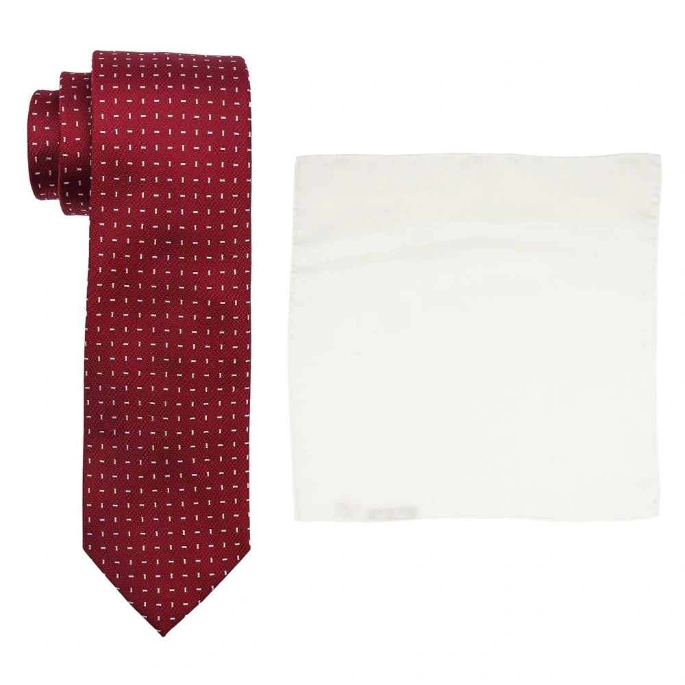 Maroon Geometric Silk Necktie and Solid White Pocket Square Gift Set ? Elegant Formal Accessory for Men