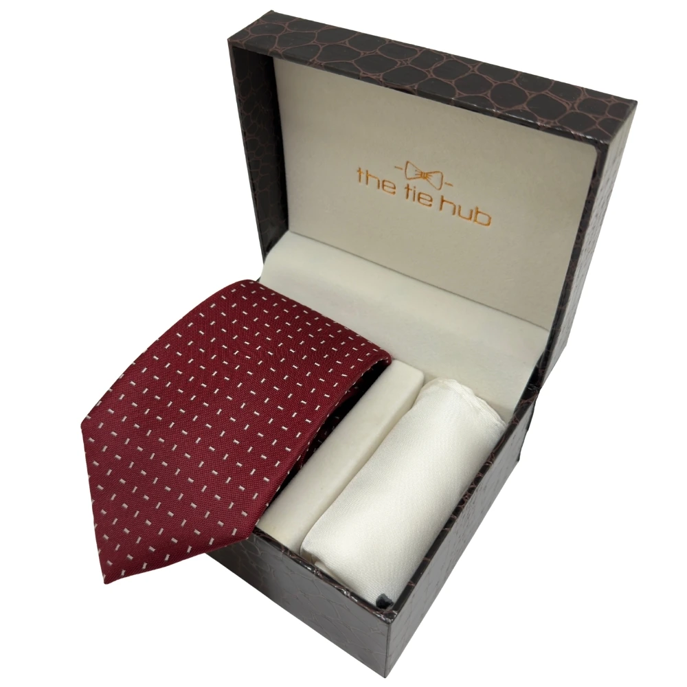 Maroon Geometric Silk Necktie and Solid White Pocket Square Gift Set ? Elegant Formal Accessory for Men