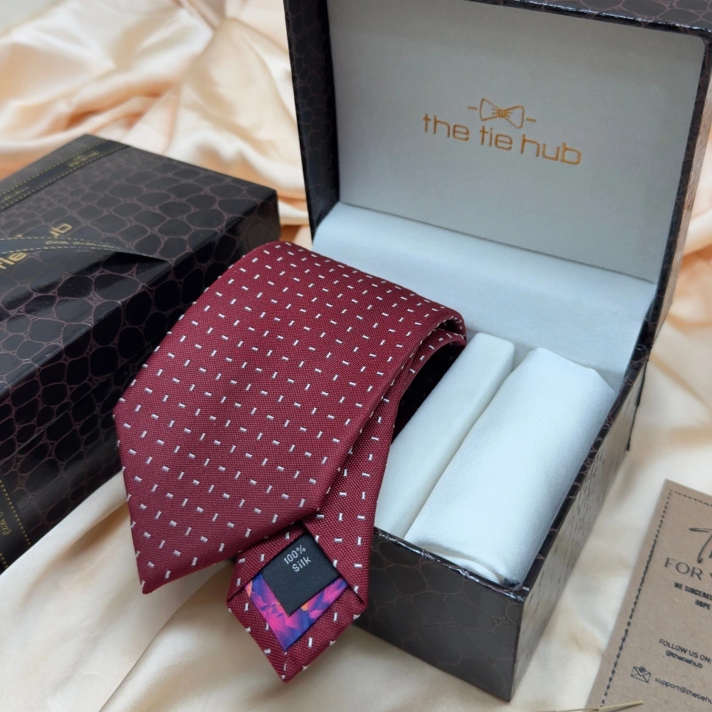 Maroon Geometric Silk Necktie and Solid White Pocket Square Gift Set ? Elegant Formal Accessory for Men