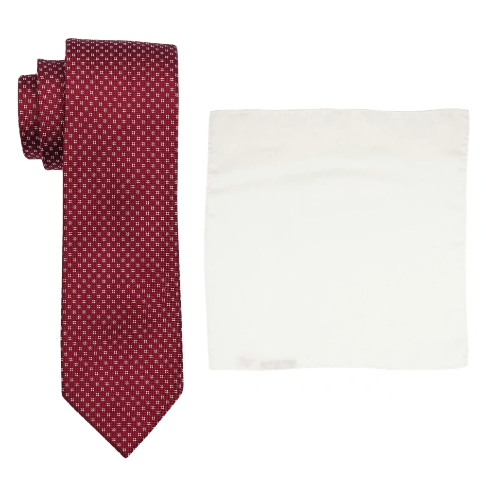 Maroon Dotted Floral Micro Pattern Silk Necktie and Solid White Pocket Square Gift Set ? Elegant Formal Accessory for Men