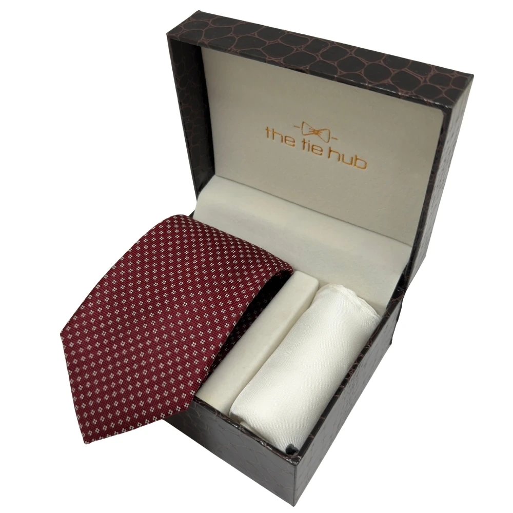 Maroon Dotted Floral Micro Pattern Silk Necktie and Solid White Pocket Square Gift Set ? Elegant Formal Accessory for Men