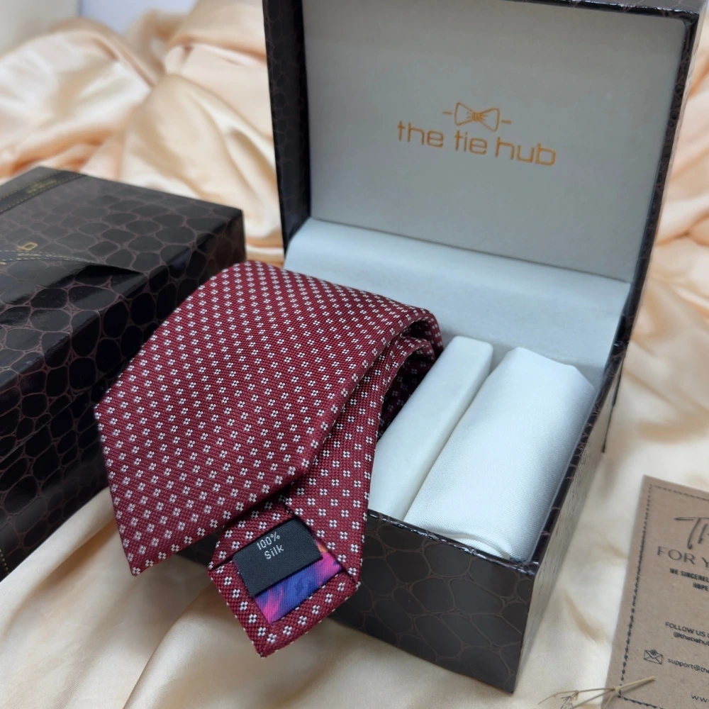 Maroon Dotted Floral Micro Pattern Silk Necktie and Solid White Pocket Square Gift Set ? Elegant Formal Accessory for Men