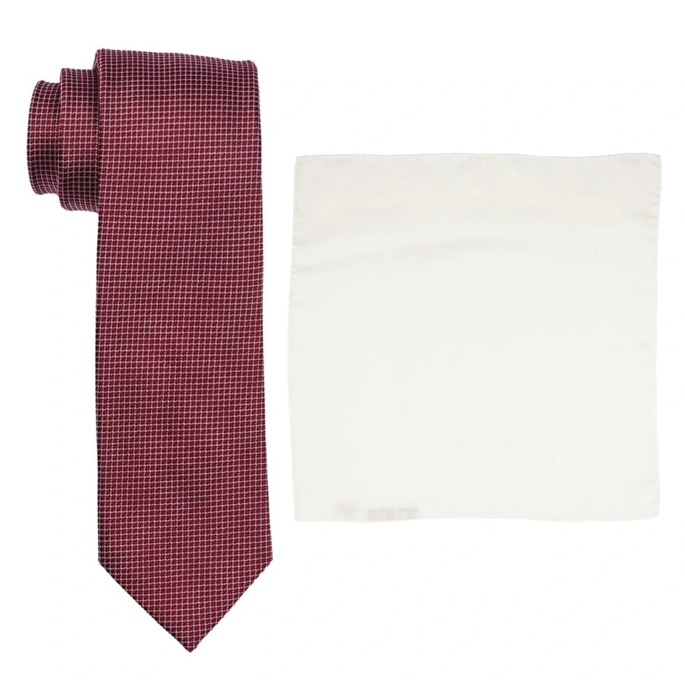 Maroon Micro Geometric Silk Necktie and Solid White Pocket Square Gift Set ? Elegant Formal Accessory for Men