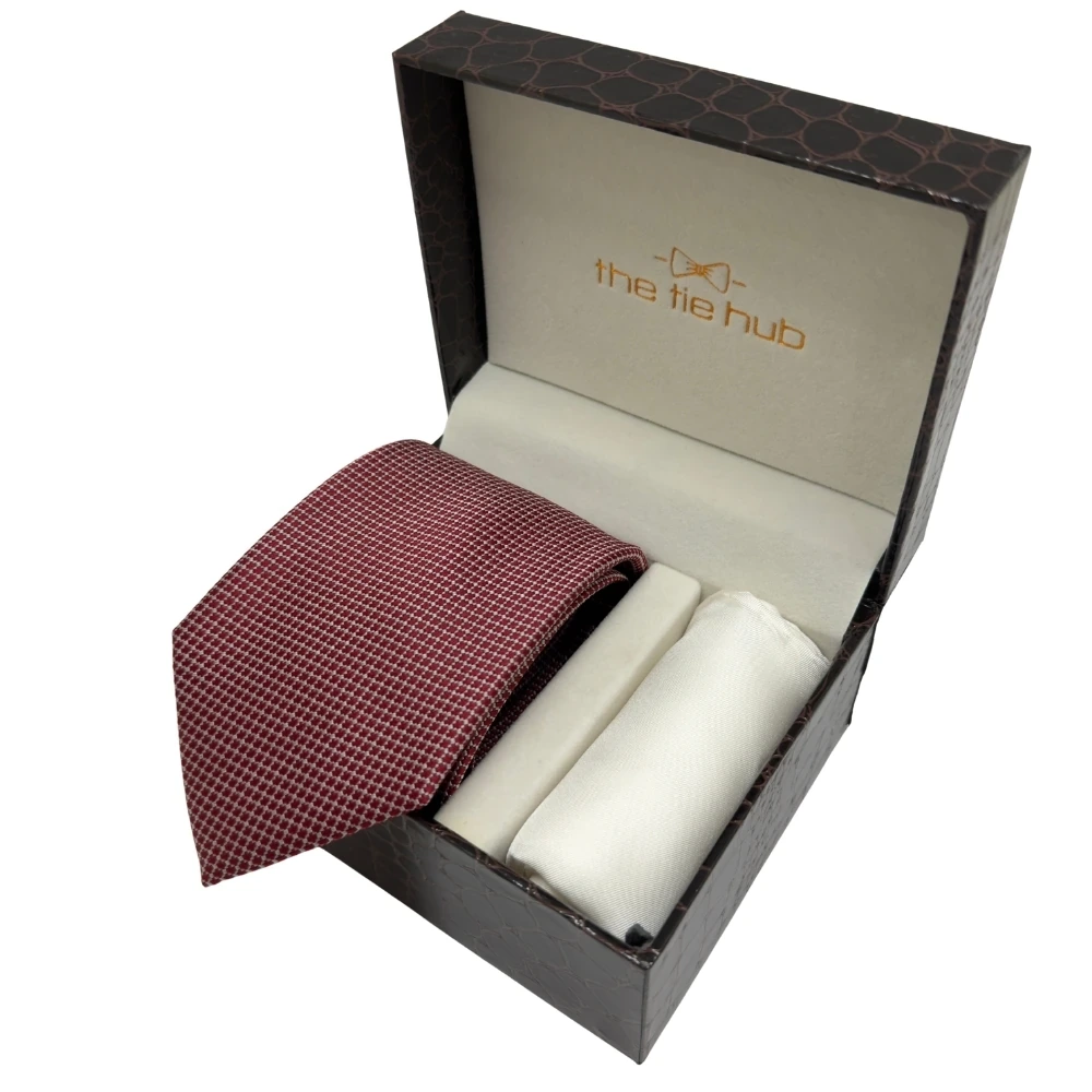 Maroon Micro Geometric Silk Necktie and Solid White Pocket Square Gift Set ? Elegant Formal Accessory for Men