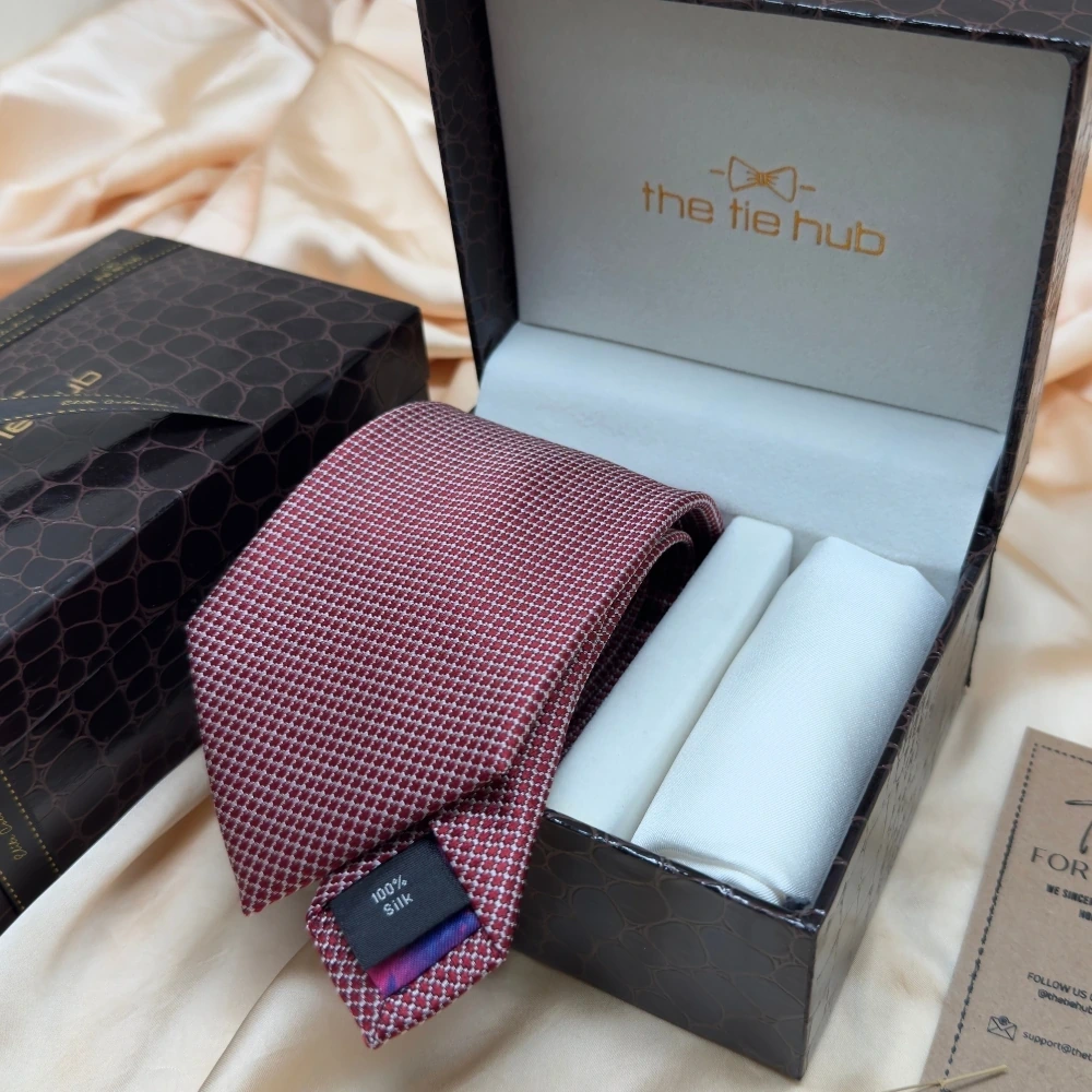 Maroon Micro Geometric Silk Necktie and Solid White Pocket Square Gift Set ? Elegant Formal Accessory for Men