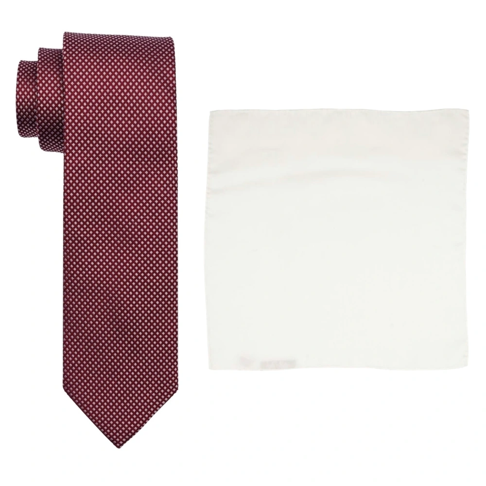 Maroon Micro Diamond Pattern Silk Necktie and Solid White Pocket Square Gift Set ? Elegant Formal Accessory for Men