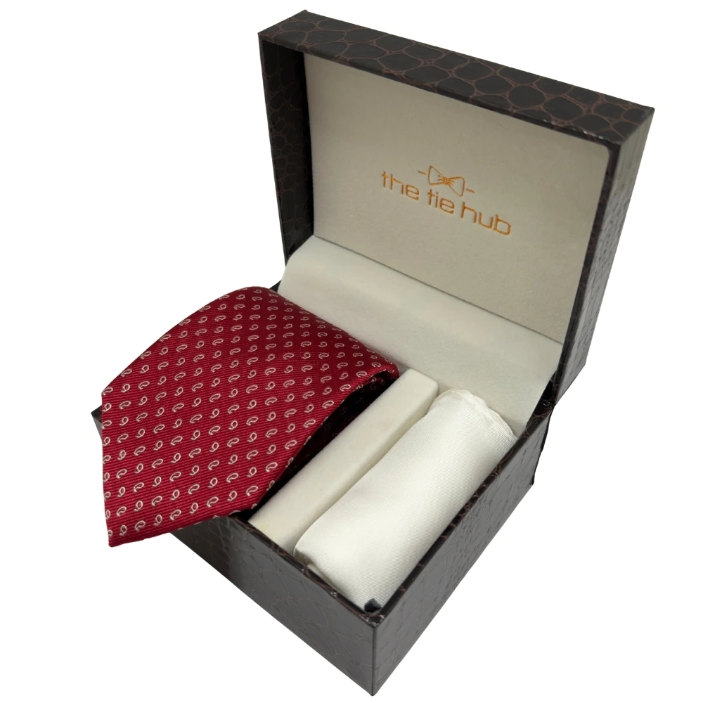 Red Paisley Silk Necktie and Solid White Pocket Square Gift Set ? Elegant Formal Accessory for Men