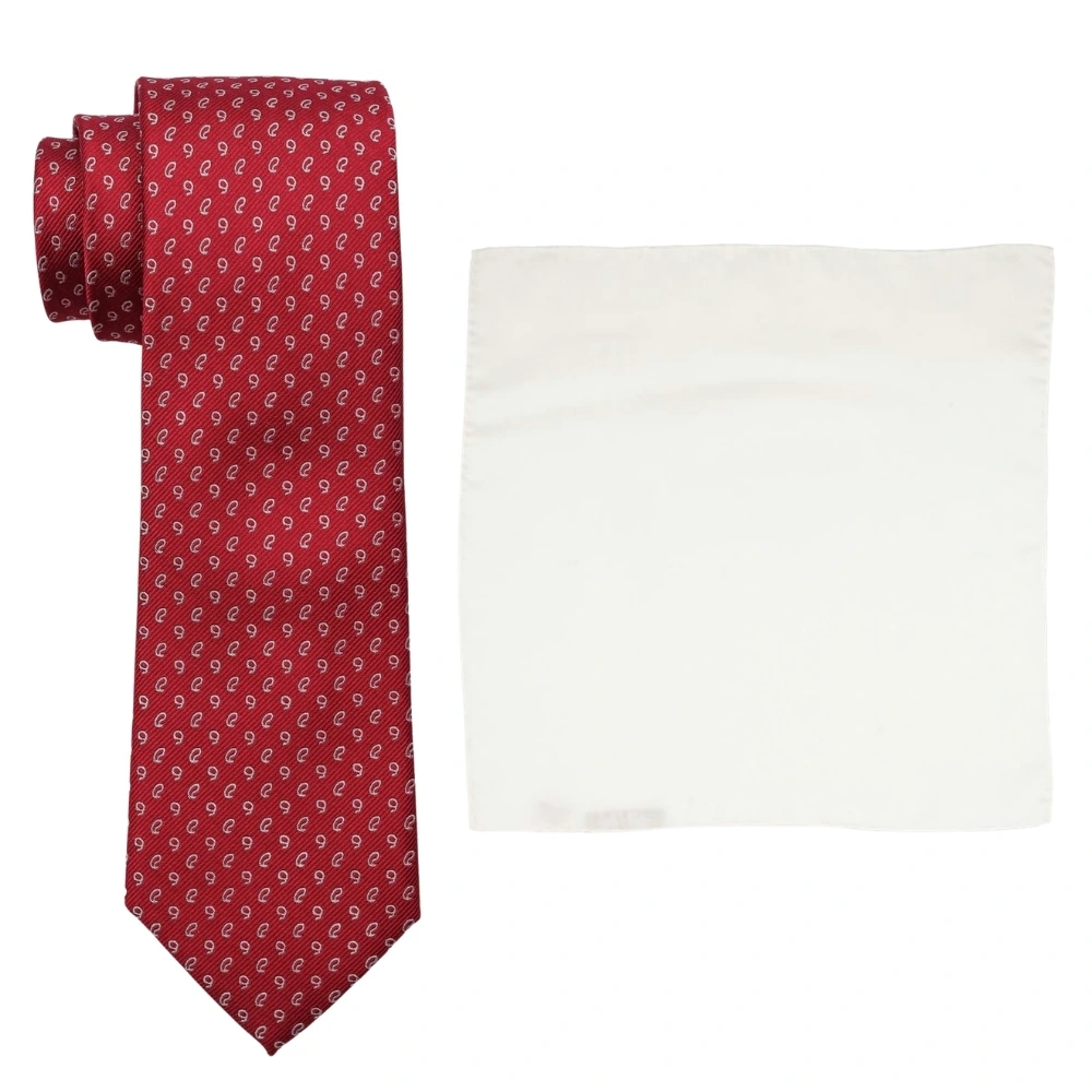 Red Paisley Silk Necktie and Solid White Pocket Square Gift Set ? Elegant Formal Accessory for Men