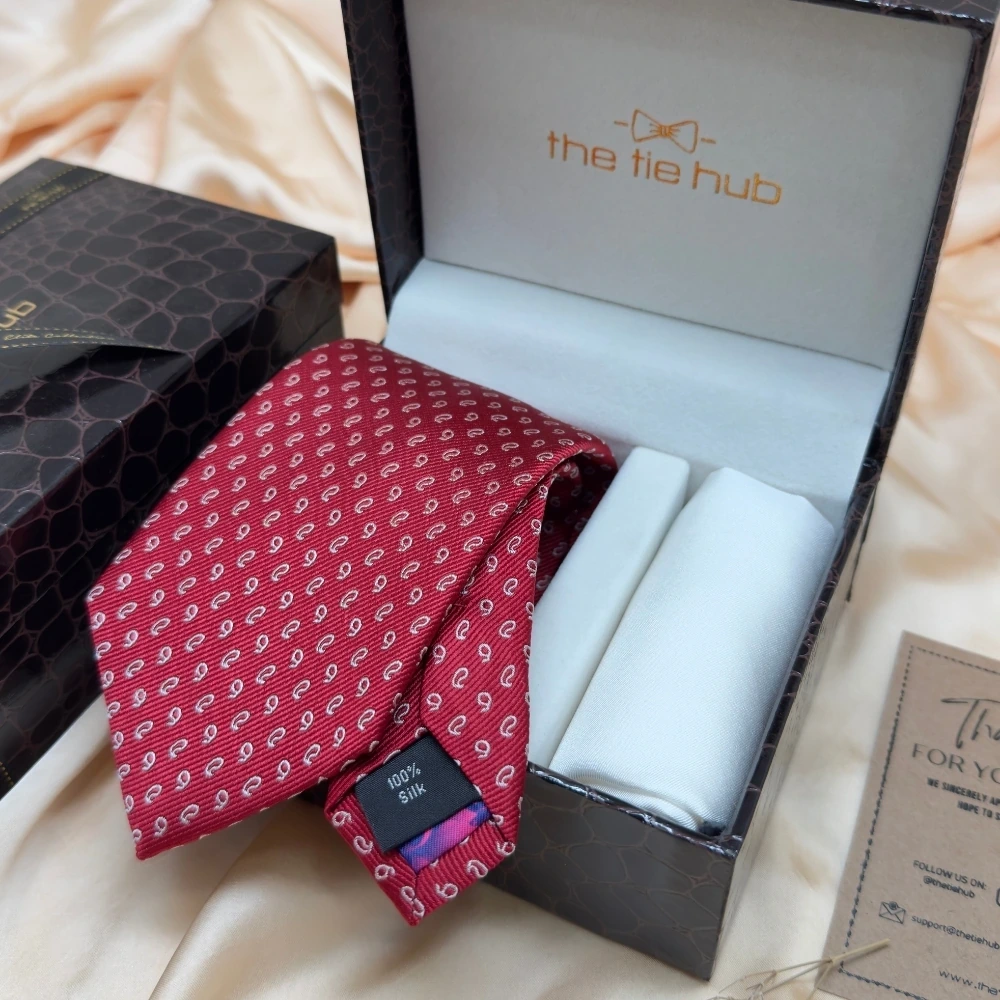 Red Paisley Silk Necktie and Solid White Pocket Square Gift Set ? Elegant Formal Accessory for Men