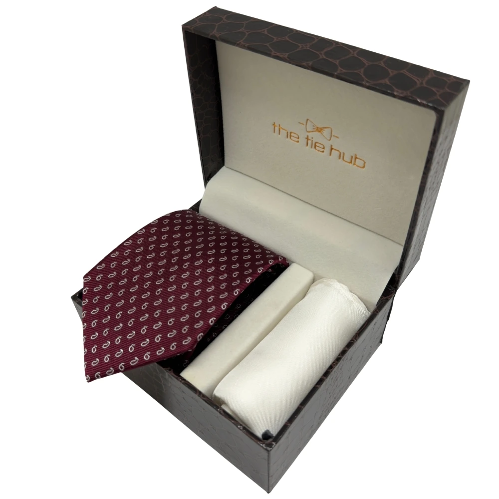 Maroon Paisley Silk Necktie and Solid White Pocket Square Gift Set ? Elegant Formal Accessory for Men