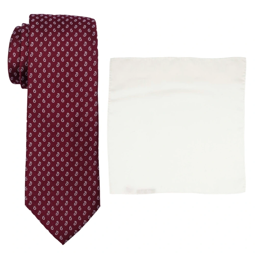 Maroon Paisley Silk Necktie and Solid White Pocket Square Gift Set ? Elegant Formal Accessory for Men