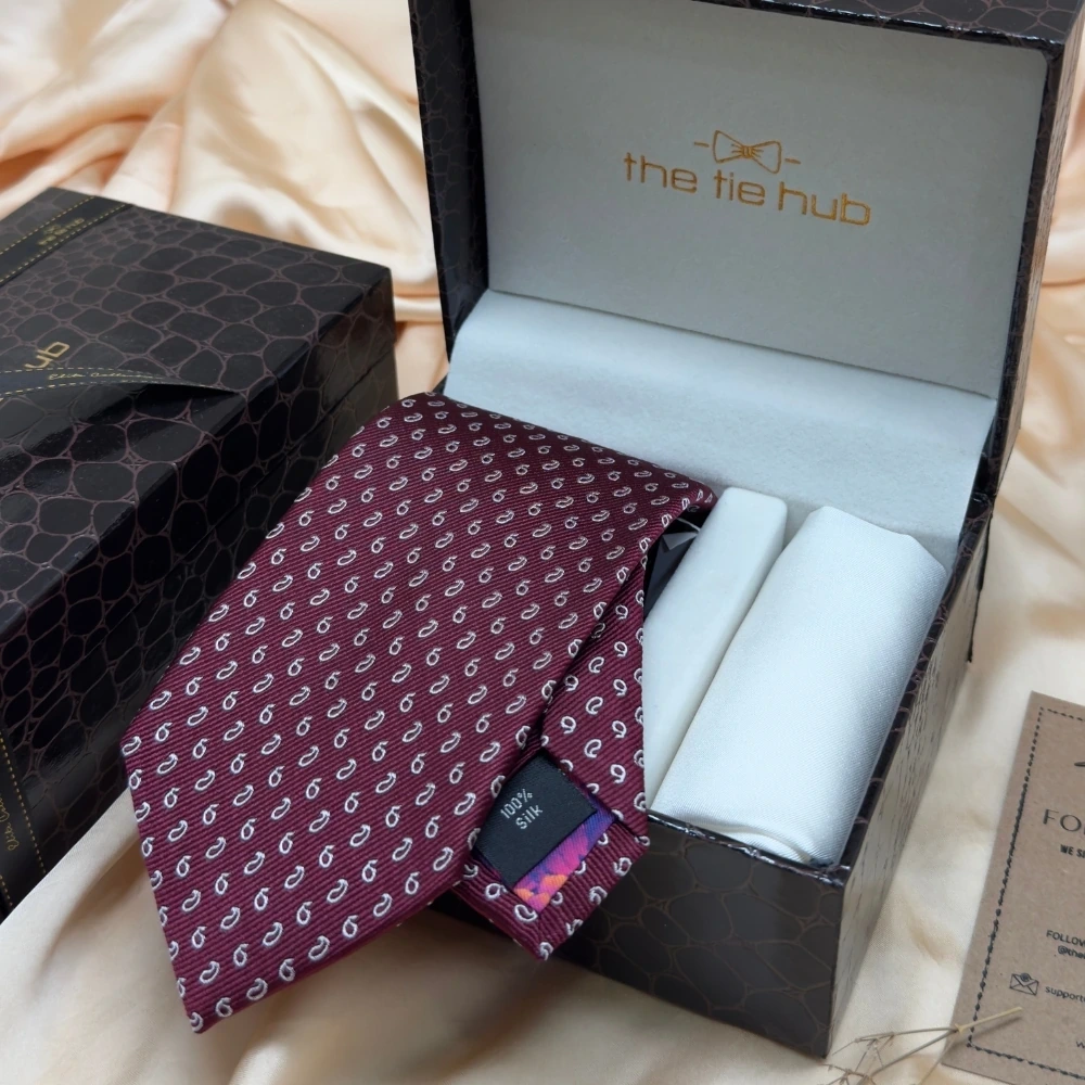 Maroon Paisley Silk Necktie and Solid White Pocket Square Gift Set ? Elegant Formal Accessory for Men
