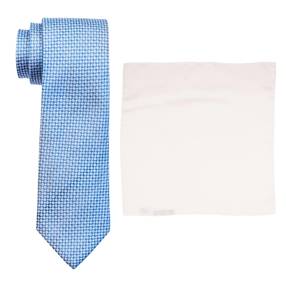 Sky Blue Micro Diamond Pattern Silk Necktie and Solid White Pocket Square Gift Set ? Elegant Formal Accessory for Men