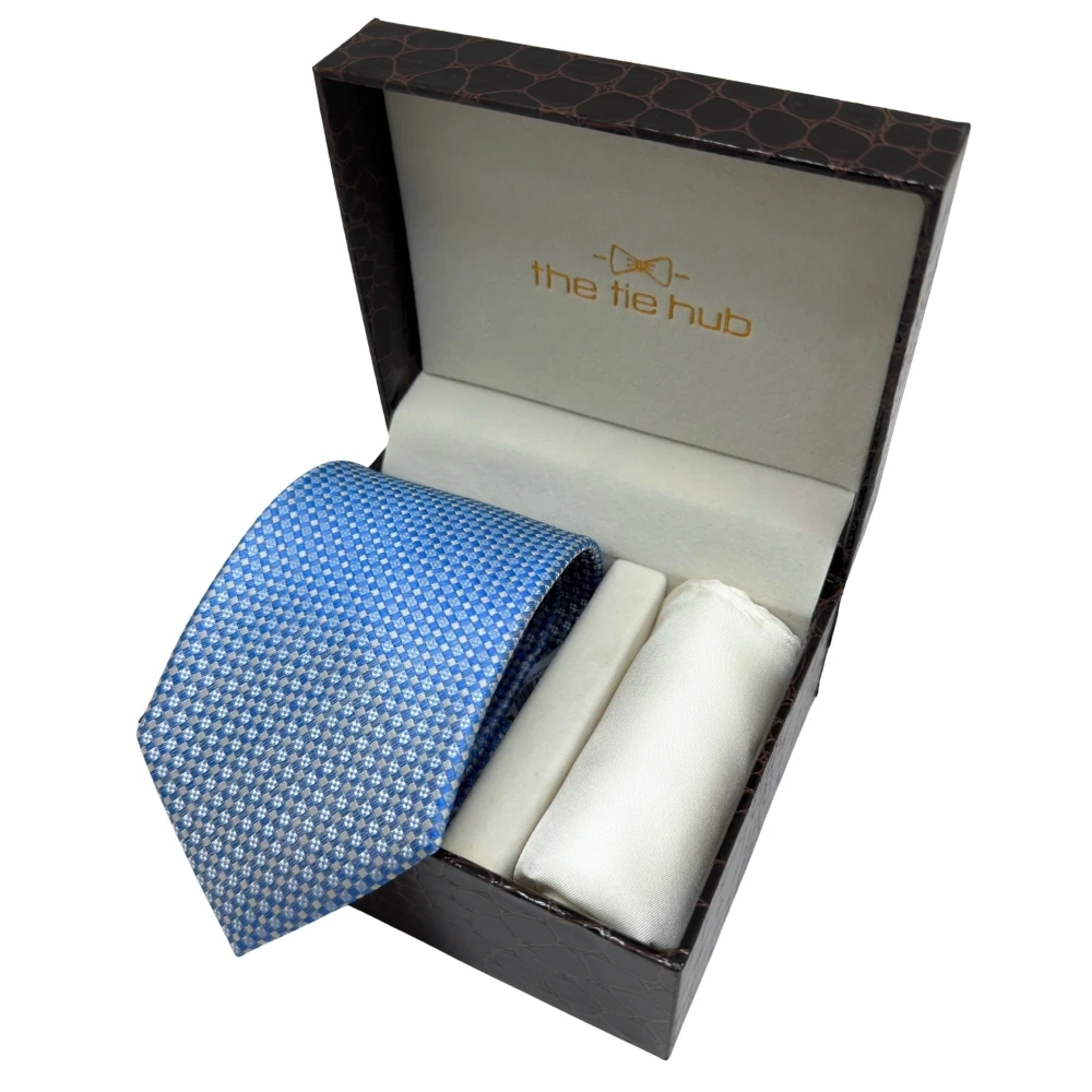 Sky Blue Micro Diamond Pattern Silk Necktie and Solid White Pocket Square Gift Set ? Elegant Formal Accessory for Men