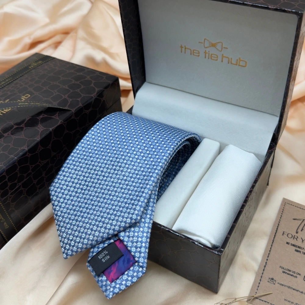 Sky Blue Micro Diamond Pattern Silk Necktie and Solid White Pocket Square Gift Set ? Elegant Formal Accessory for Men