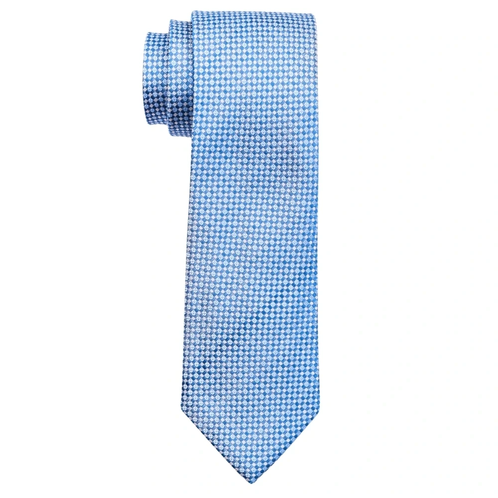Sky Blue Micro Diamond Pattern Silk Necktie and Solid White Pocket Square Gift Set ? Elegant Formal Accessory for Men