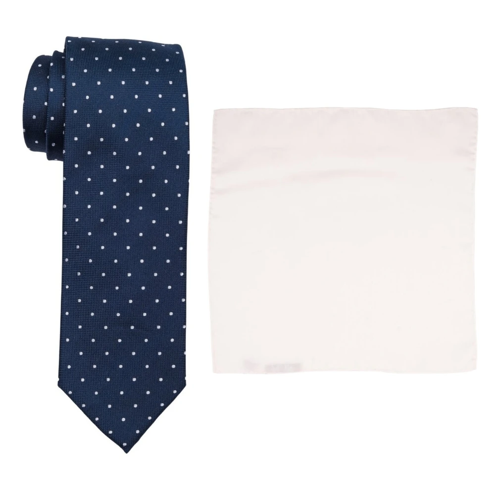 Navy Blue Polka Dot Silk Necktie and Solid White Pocket Square Gift Set ? Elegant Formal Accessory for Men