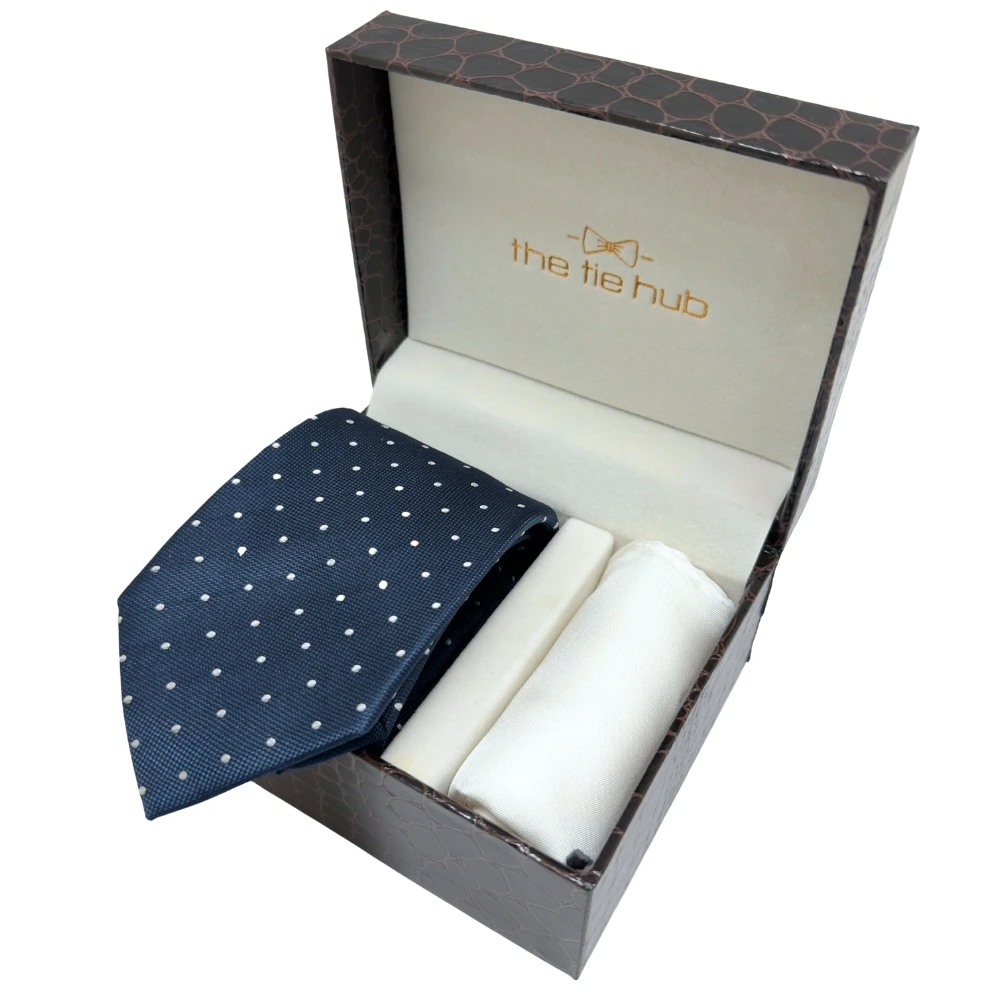 Navy Blue Polka Dot Silk Necktie and Solid White Pocket Square Gift Set ? Elegant Formal Accessory for Men