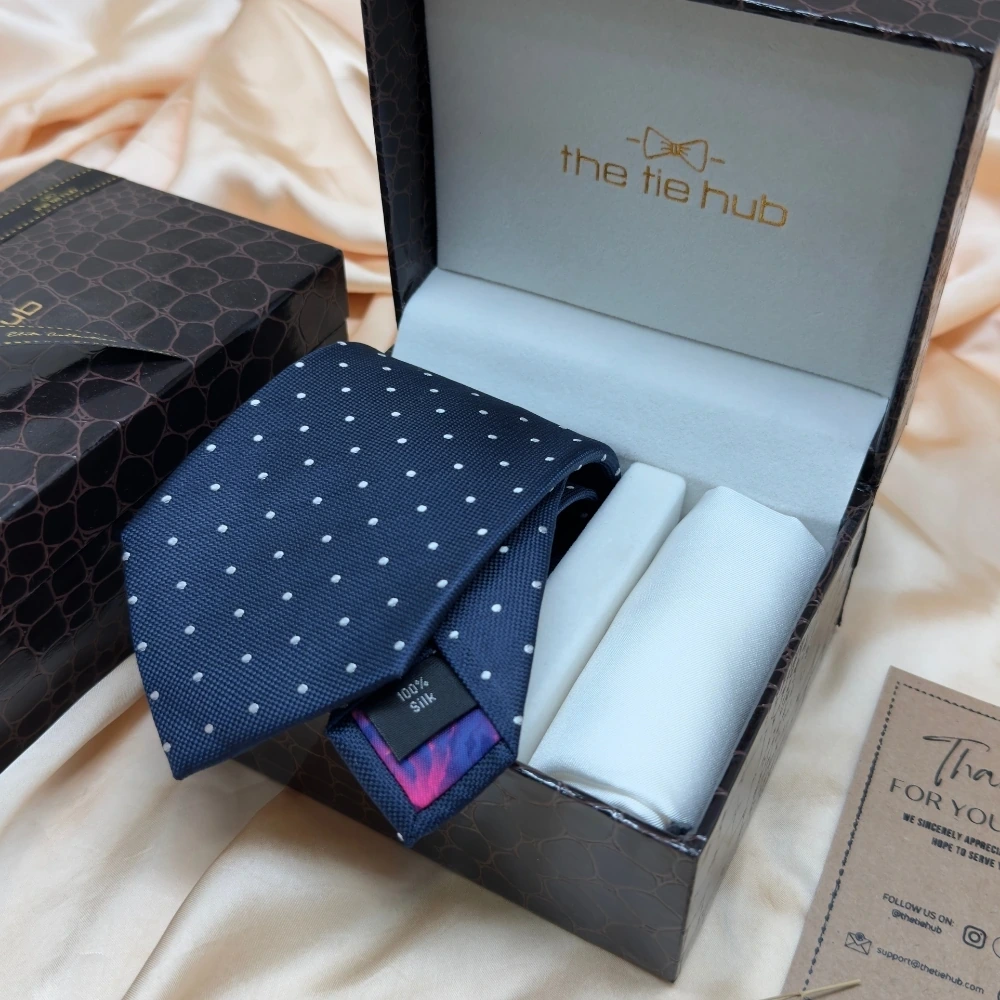 Navy Blue Polka Dot Silk Necktie and Solid White Pocket Square Gift Set ? Elegant Formal Accessory for Men
