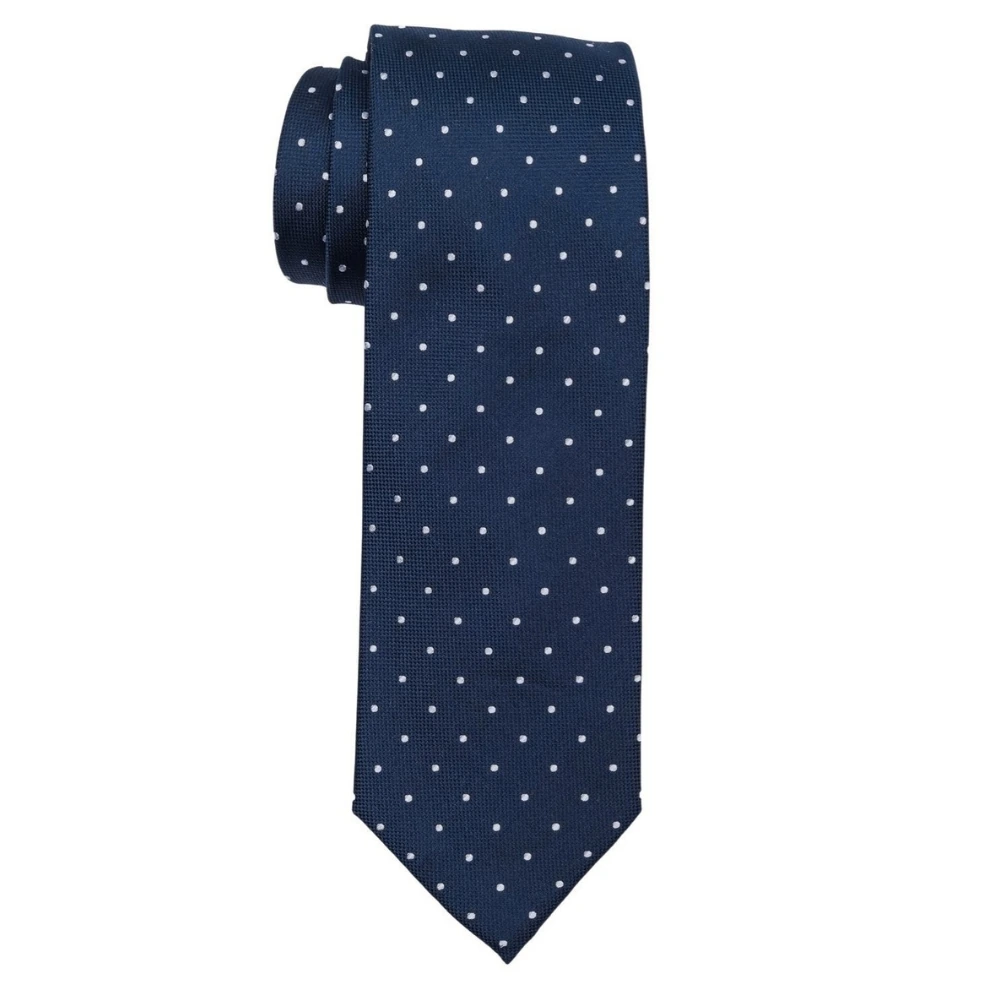 Navy Blue Polka Dot Silk Necktie and Solid White Pocket Square Gift Set ? Elegant Formal Accessory for Men