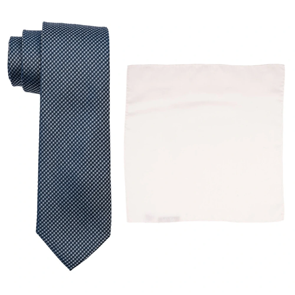 Navy Blue Micro Geometric Silk Necktie and Solid White Pocket Square Gift Set ? Elegant Formal Accessory for Men