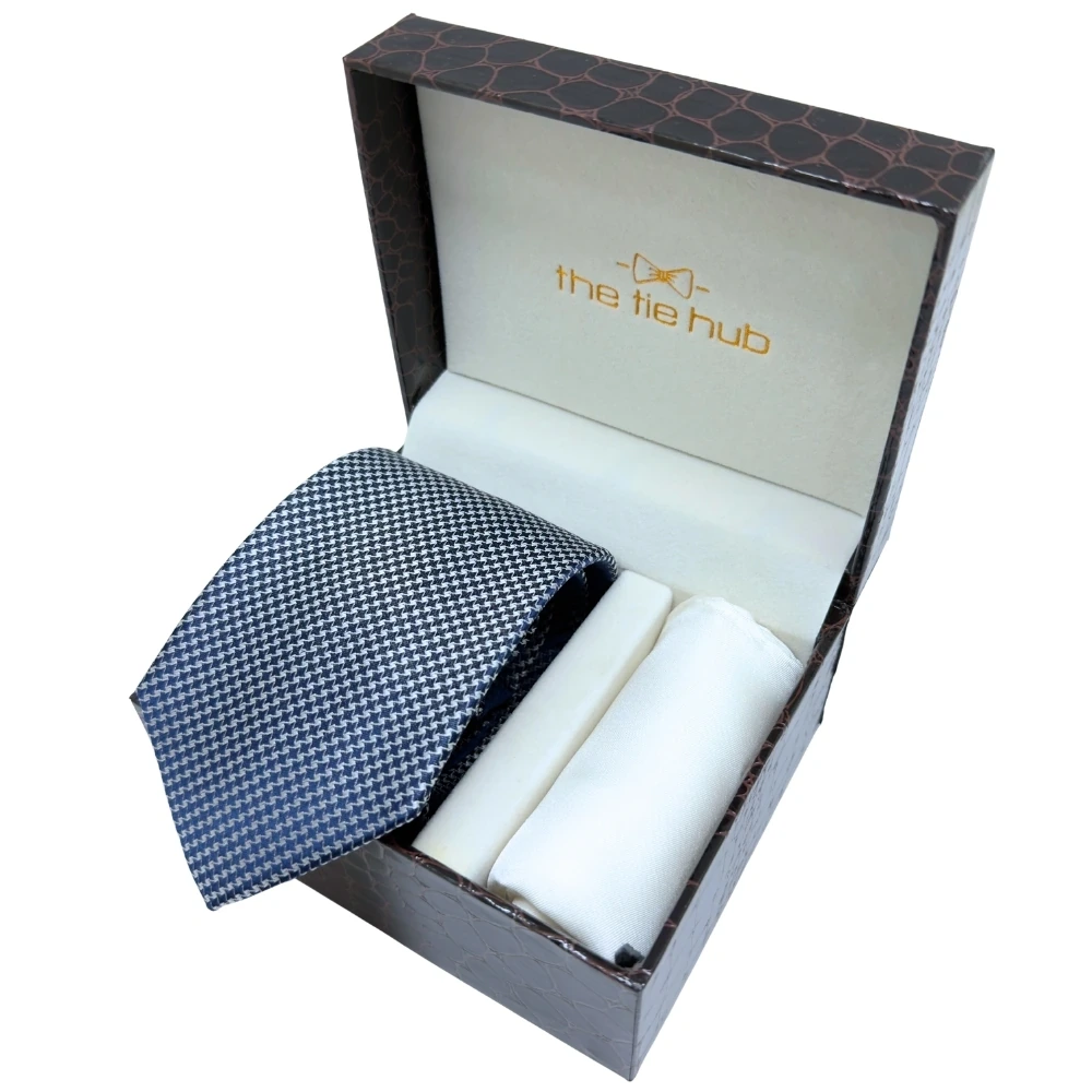 Navy Blue Micro Geometric Silk Necktie and Solid White Pocket Square Gift Set ? Elegant Formal Accessory for Men