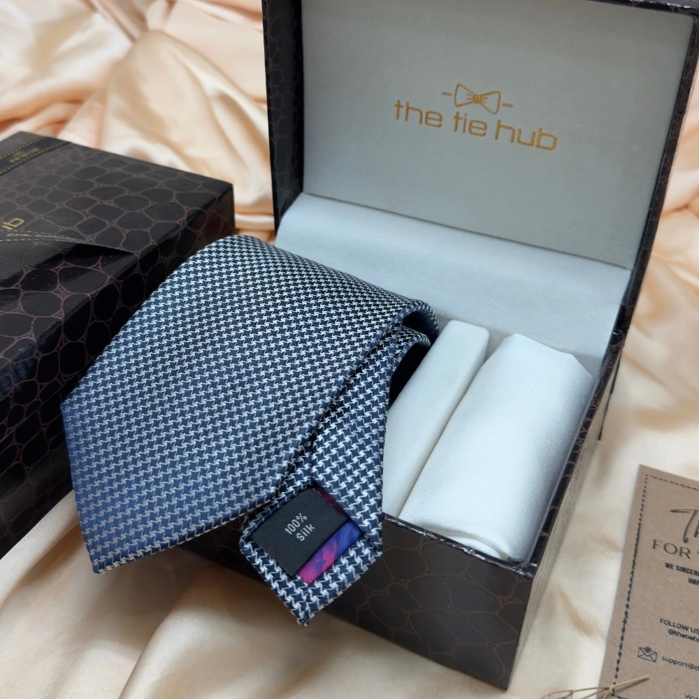 Navy Blue Micro Geometric Silk Necktie and Solid White Pocket Square Gift Set ? Elegant Formal Accessory for Men