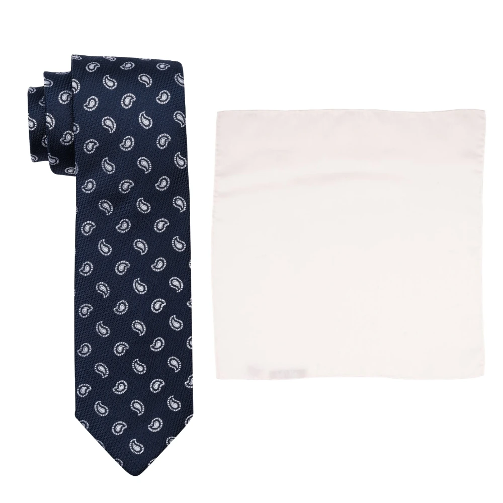 Navy Blue Paisley Silk Necktie and Solid White Pocket Square Gift Set ? Elegant Formal Accessory for Men