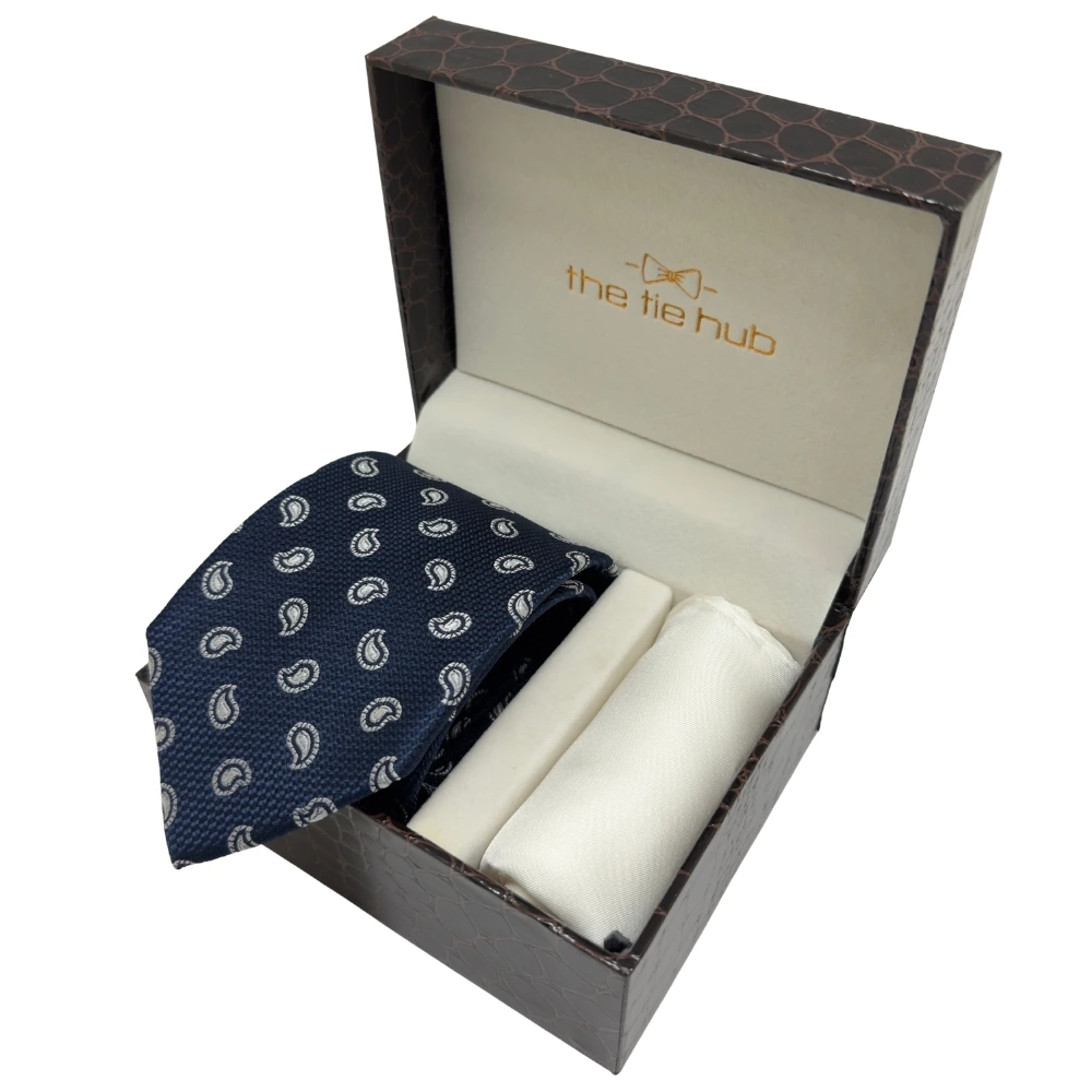 Navy Blue Paisley Silk Necktie and Solid White Pocket Square Gift Set ? Elegant Formal Accessory for Men