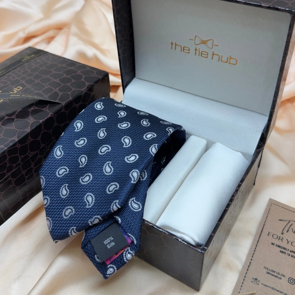 Navy Blue Paisley Silk Necktie and Solid White Pocket Square Gift Set ? Elegant Formal Accessory for Men