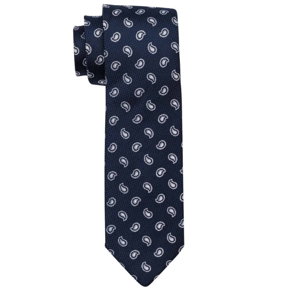 Navy Blue Paisley Silk Necktie and Solid White Pocket Square Gift Set ? Elegant Formal Accessory for Men