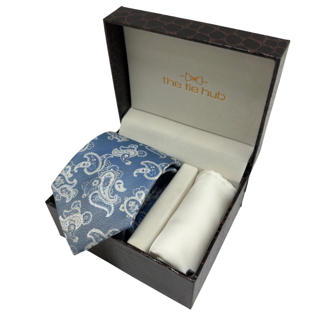 Sky Blue Paisley Silk Necktie and Solid White Pocket Square Gift Set ? Elegant Formal Accessory for Men