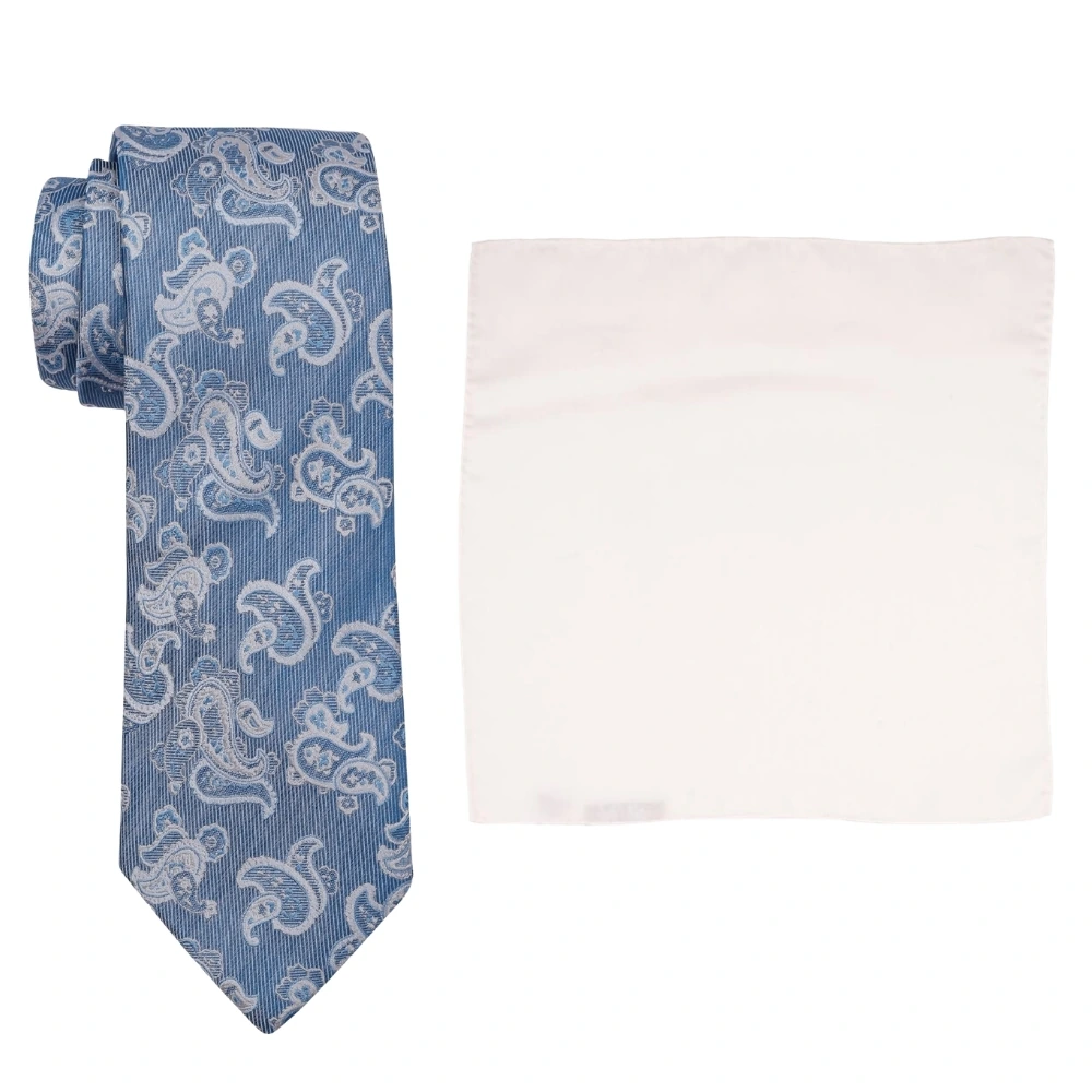 Sky Blue Paisley Silk Necktie and Solid White Pocket Square Gift Set ? Elegant Formal Accessory for Men