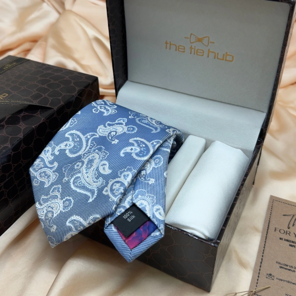 Sky Blue Paisley Silk Necktie and Solid White Pocket Square Gift Set ? Elegant Formal Accessory for Men