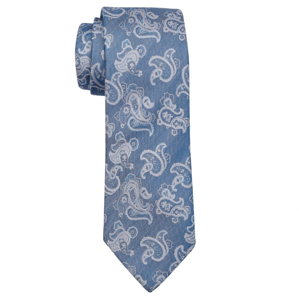 Sky Blue Paisley Silk Necktie and Solid White Pocket Square Gift Set ? Elegant Formal Accessory for Men