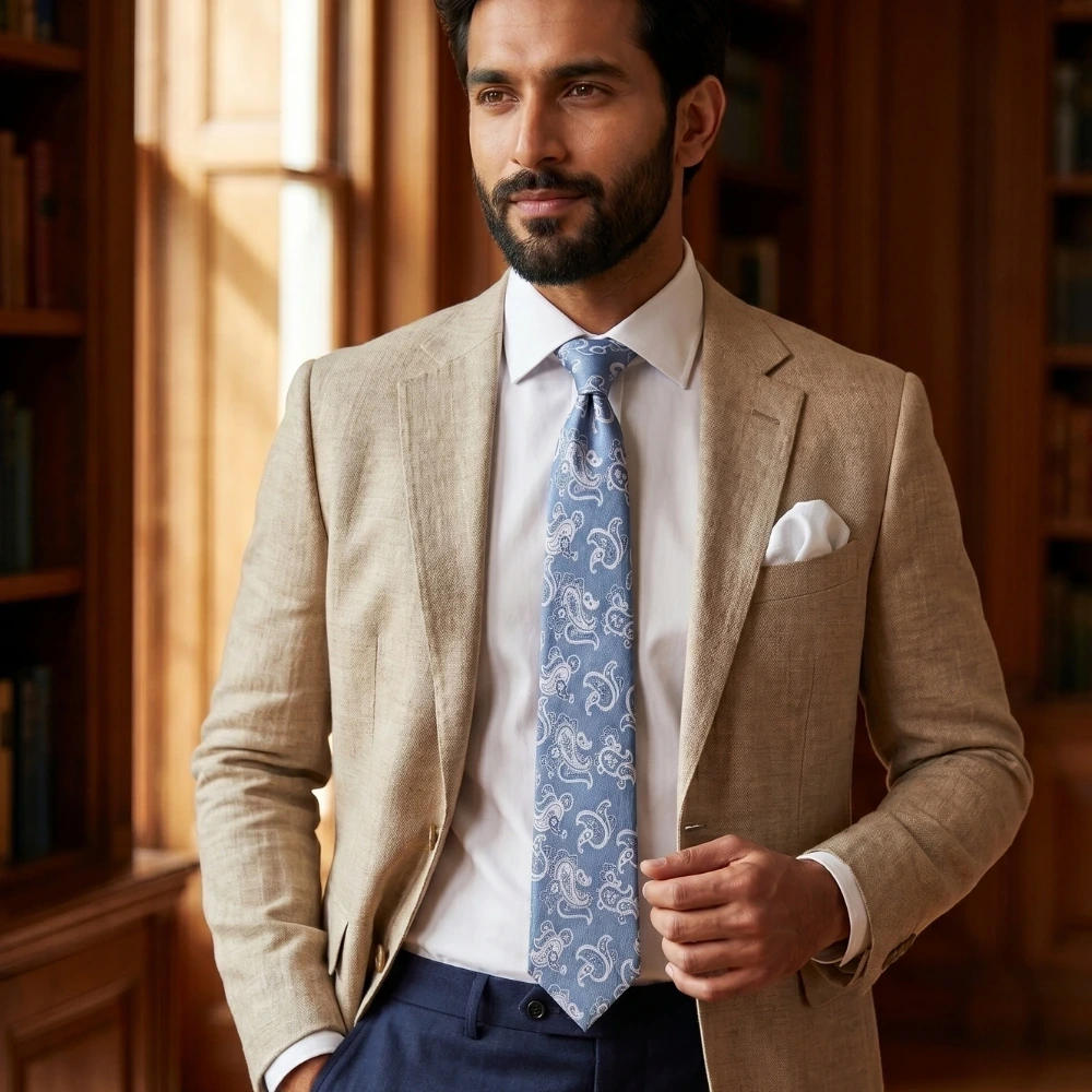 Sky Blue Paisley Silk Necktie and Solid White Pocket Square Gift Set ? Elegant Formal Accessory for Men