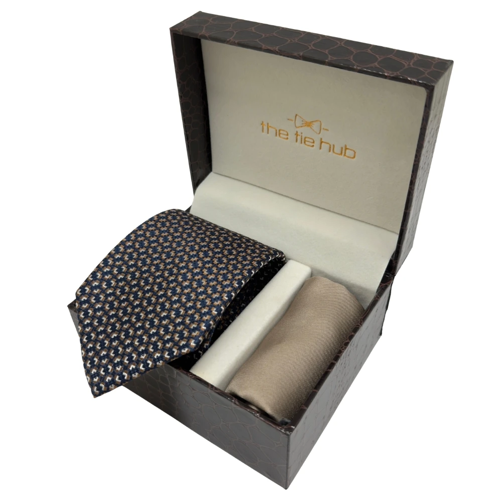 Navy Blue Geometric Silk Necktie and Solid Beige Pocket Square Gift Set ? Elegant Formal Accessory for Men