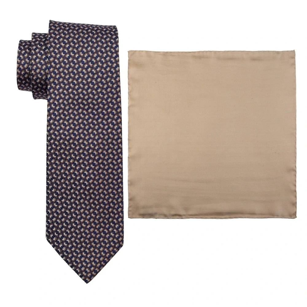 Navy Blue Geometric Silk Necktie and Solid Beige Pocket Square Gift Set ? Elegant Formal Accessory for Men
