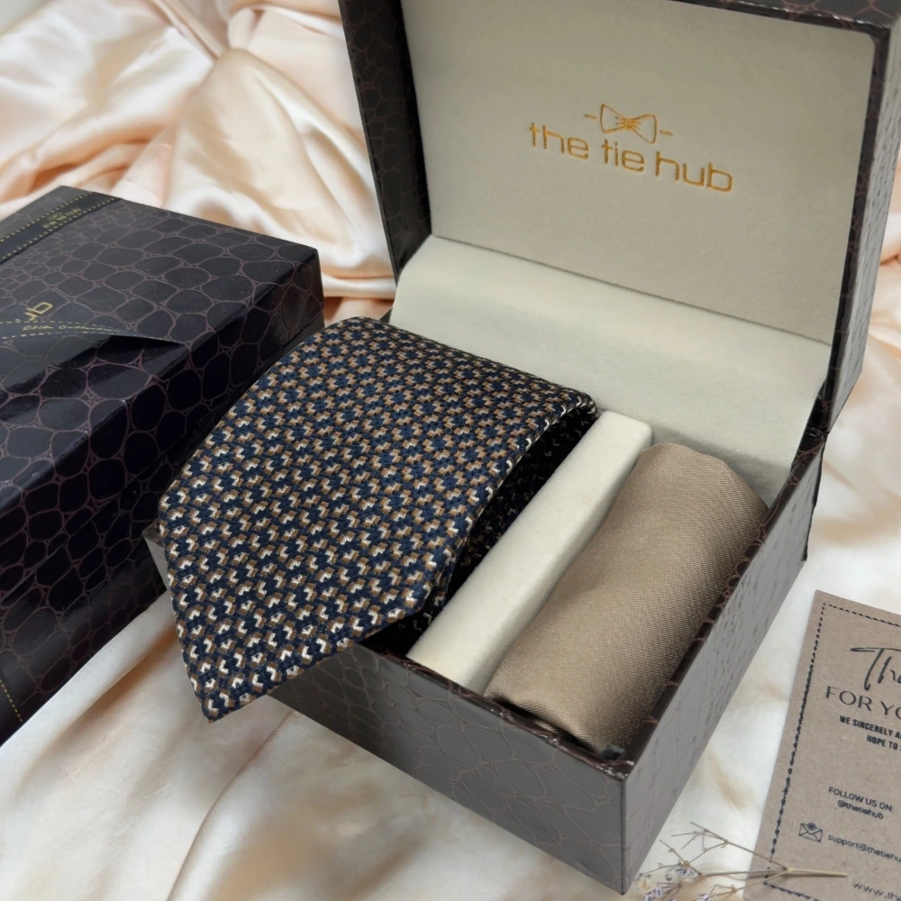 Navy Blue Geometric Silk Necktie and Solid Beige Pocket Square Gift Set ? Elegant Formal Accessory for Men