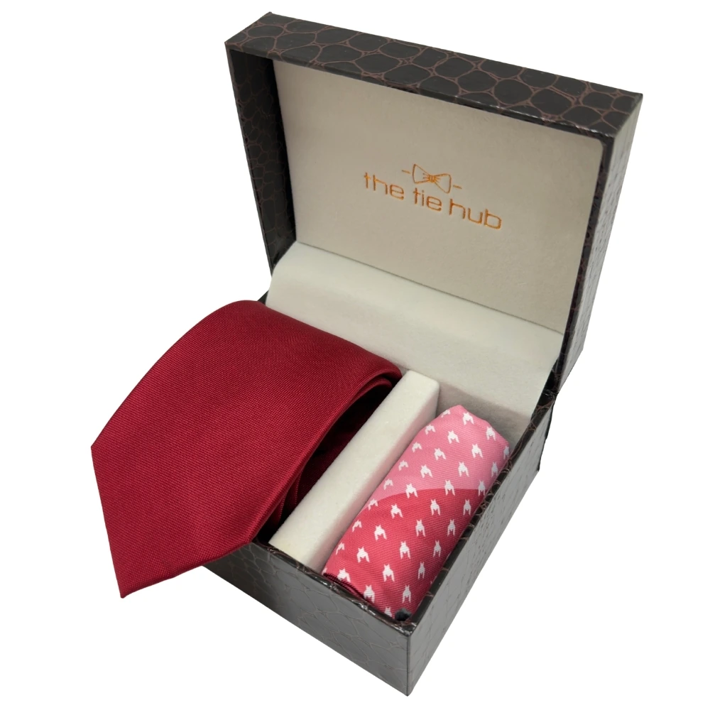 Solid Red Silk Necktie and Multicolor Geometric Microfiber Pocket Square Gift Set ? Elegant Formal Accessory for Men