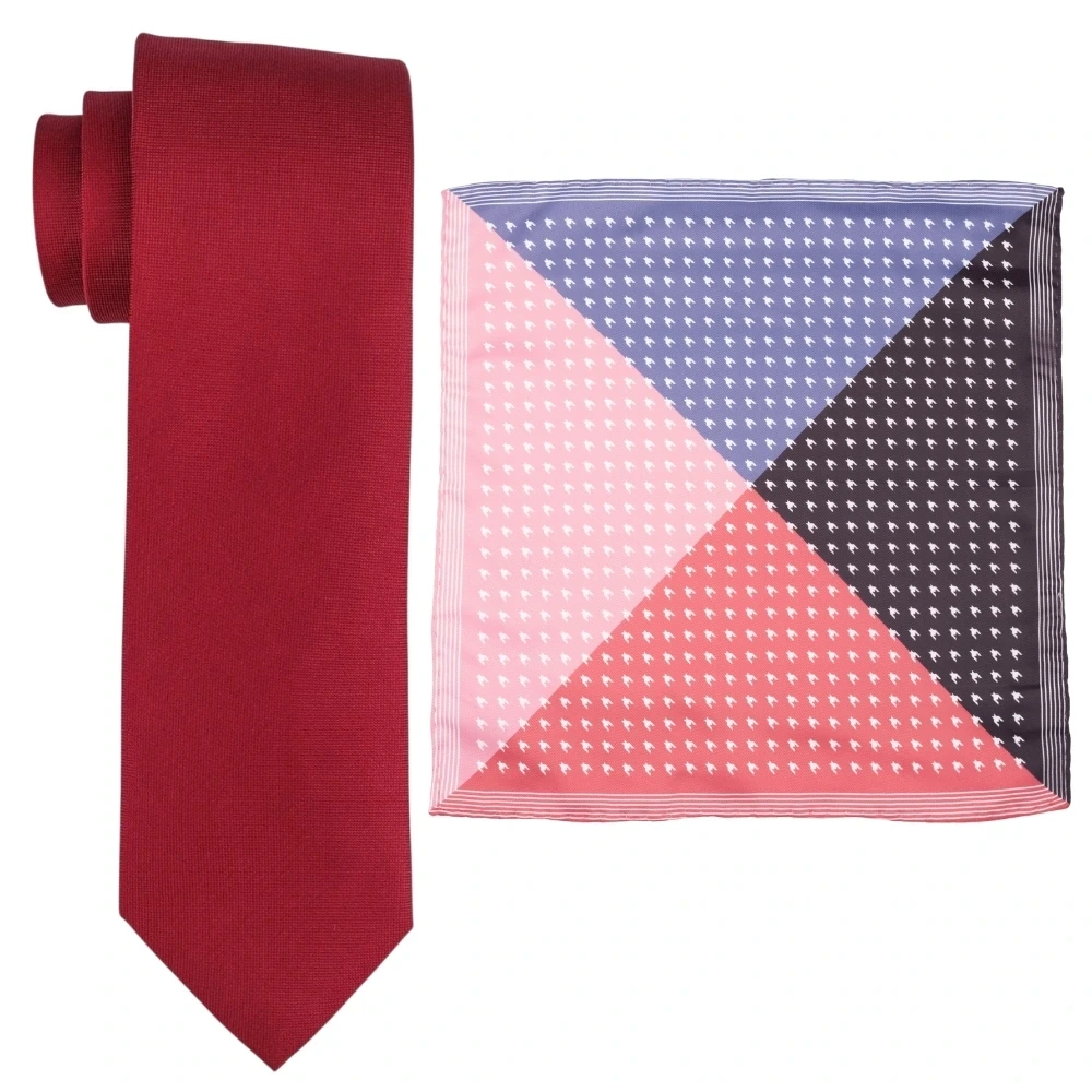 Solid Red Silk Necktie and Multicolor Geometric Microfiber Pocket Square Gift Set ? Elegant Formal Accessory for Men