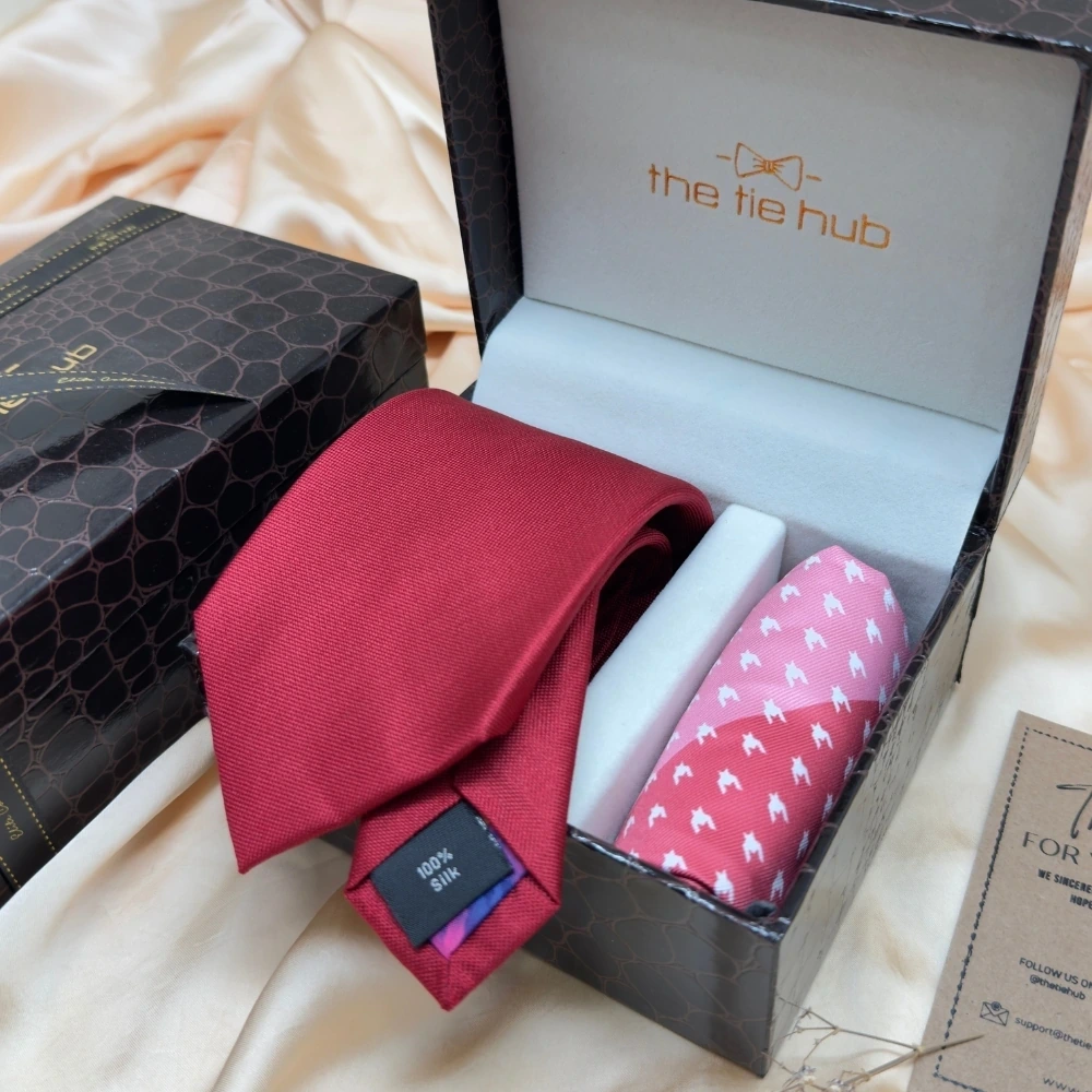 Solid Red Silk Necktie and Multicolor Geometric Microfiber Pocket Square Gift Set ? Elegant Formal Accessory for Men