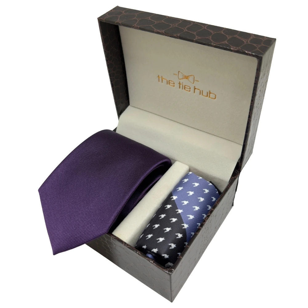 Solid Purple Silk Necktie and Multicolor Geometric Microfiber Pocket Square Gift Set ? Elegant Formal Accessory for Men