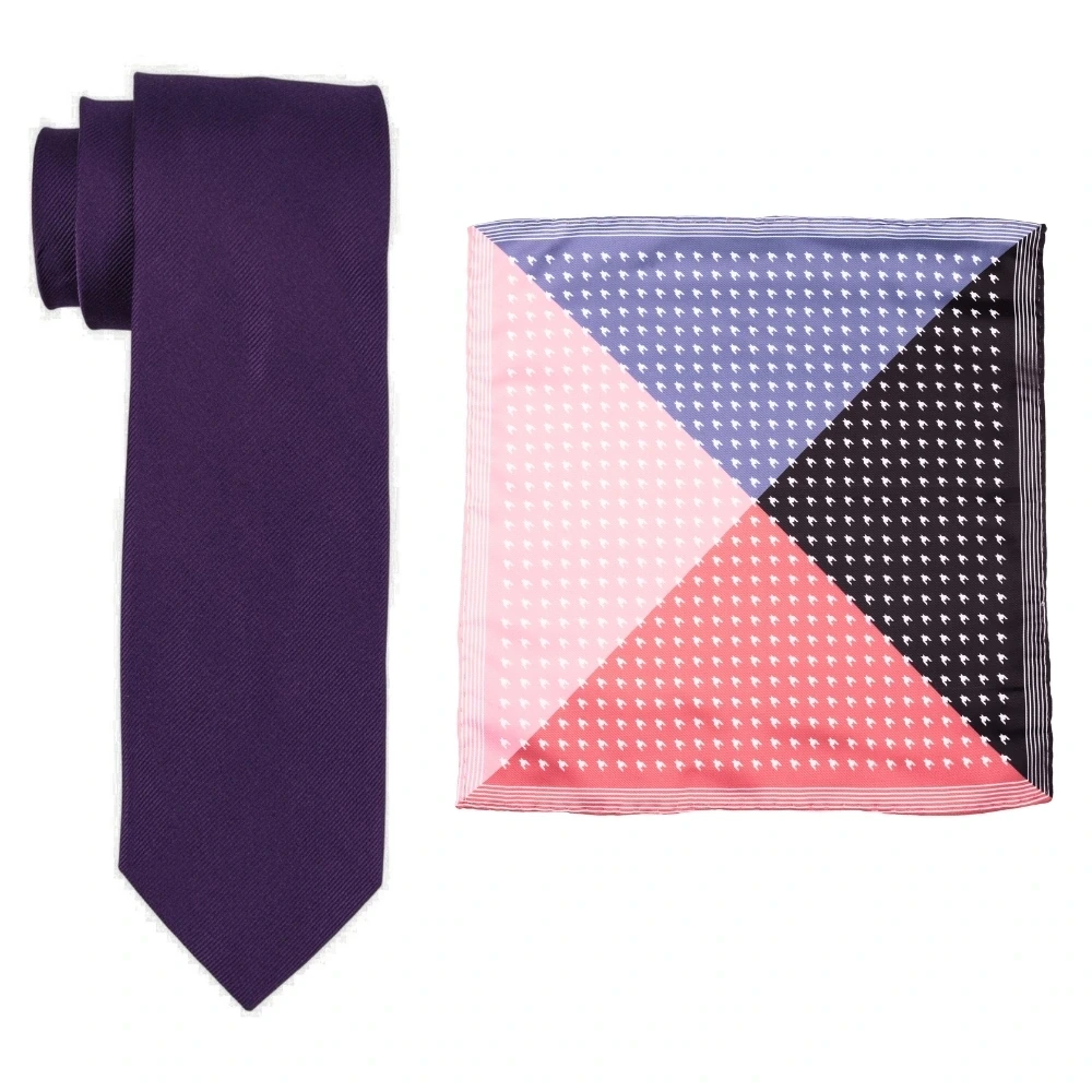 Solid Purple Silk Necktie and Multicolor Geometric Microfiber Pocket Square Gift Set ? Elegant Formal Accessory for Men