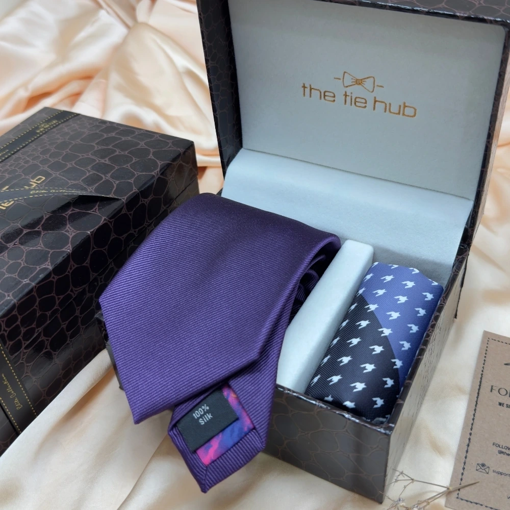 Solid Purple Silk Necktie and Multicolor Geometric Microfiber Pocket Square Gift Set ? Elegant Formal Accessory for Men