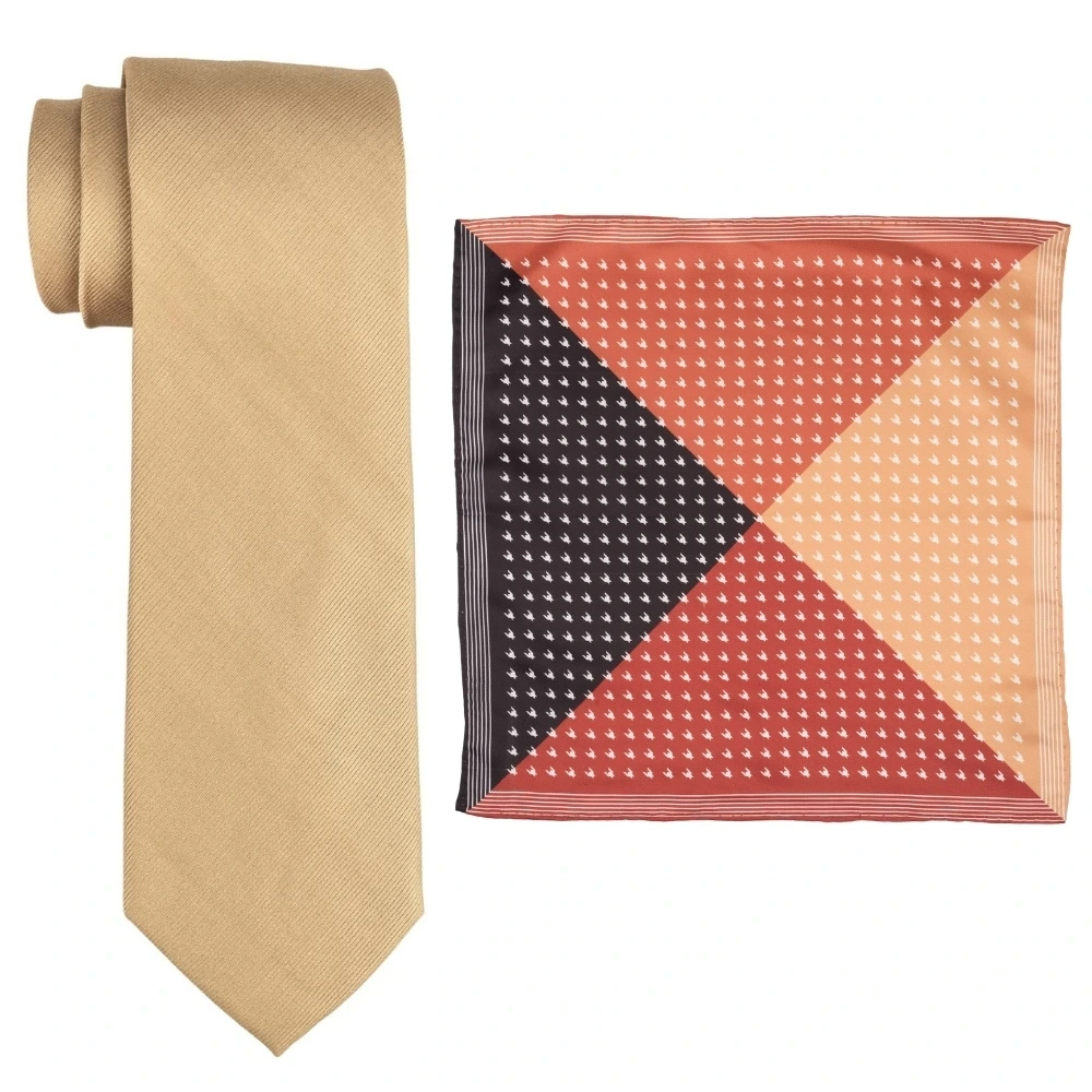 Solid Beige Silk Necktie and Multicolor Geometric Microfiber Pocket Square Gift Set ? Elegant Formal Accessory for Men
