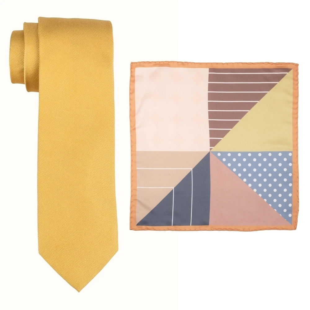 Solid Yellow Silk Necktie and Multicolor Geometric Microfiber Pocket Square Gift Set ? Elegant Formal Accessory for Men