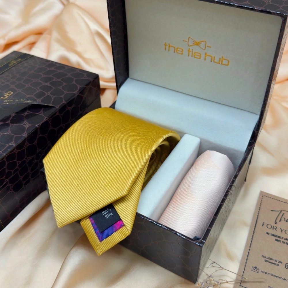 Solid Yellow Silk Necktie and Multicolor Geometric Microfiber Pocket Square Gift Set ? Elegant Formal Accessory for Men