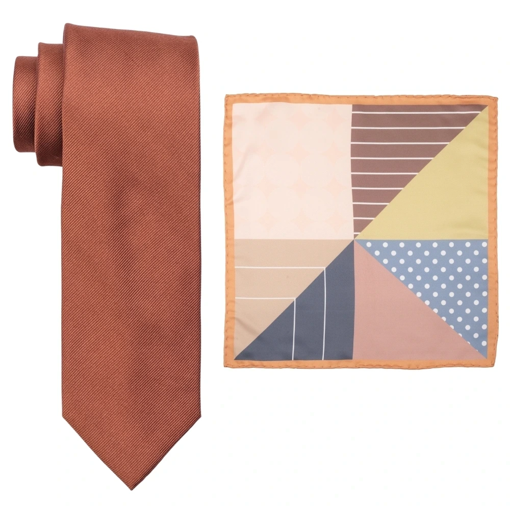 Solid Rust Silk Necktie and Multicolor Geometric Microfiber Pocket Square Gift Set ? Elegant Formal Accessory for Men