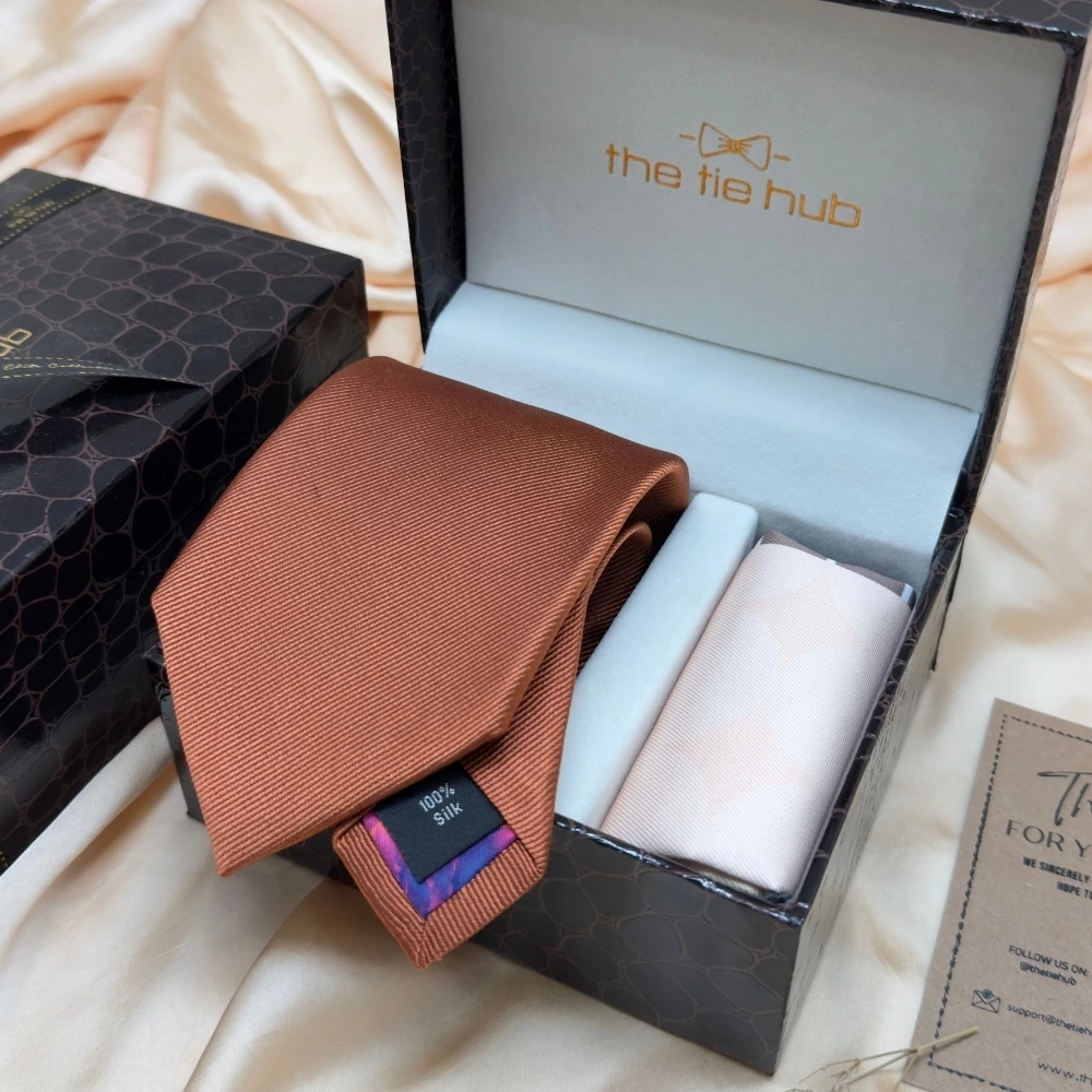 Solid Rust Silk Necktie and Multicolor Geometric Microfiber Pocket Square Gift Set ? Elegant Formal Accessory for Men